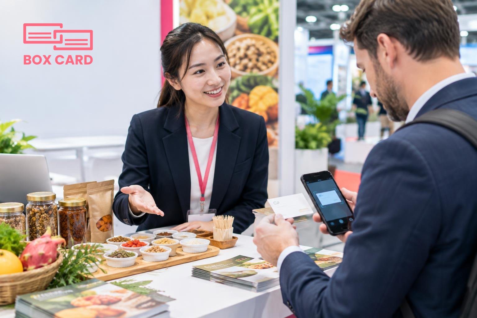 Nhân viên triển lãm đang giới thiệu sản phẩm thực phẩm cho nhà nhập khẩu nước ngoài, trên bàn có mẫu thử, tờ thông tin, và một điện thoại đang quét danh thiếp, ảnh editorial