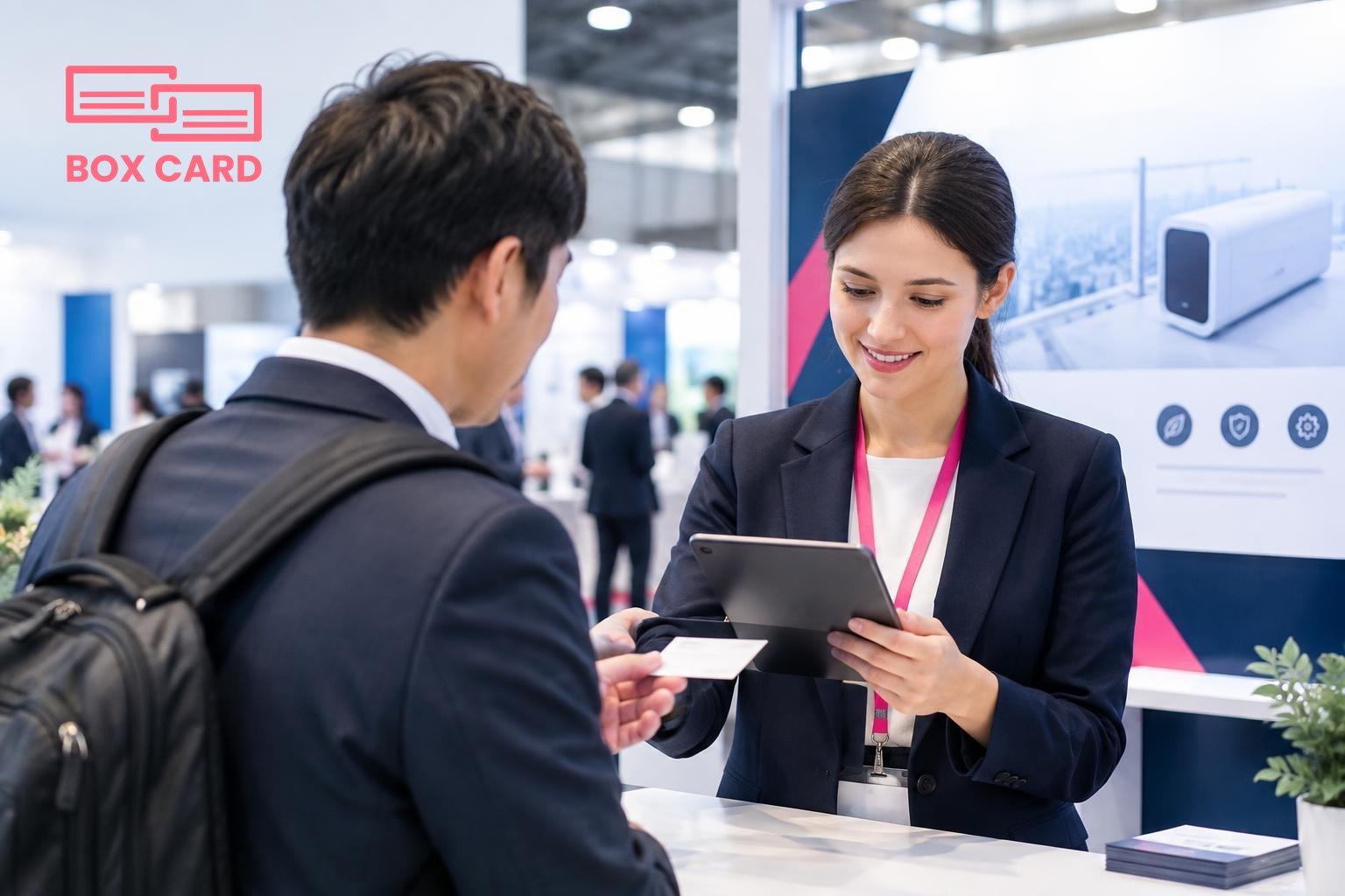国際展示会のブースで、スタッフが名刺を受け取りながらタブレットでスキャンし、背後に簡潔な英語の製品説明パネルがある実写写真