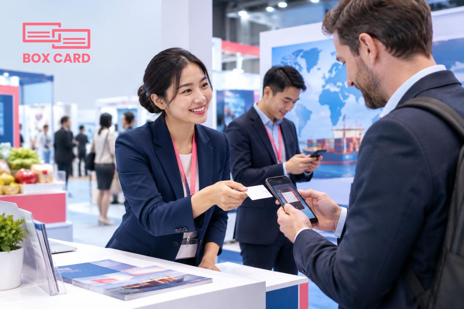 Các doanh nghiệp Việt tại gian hàng triển lãm, một nhân viên trao danh thiếp cho đối tác nước ngoài trong khi người khác quét danh thiếp trên điện thoại, ảnh editorial