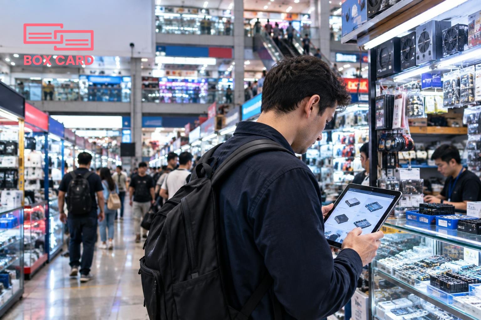 一位采购经理在赛格电子市场入口拿着平板比对产品图片,周围是密集的电子摊位和多层楼宇招牌,新闻摄影风格