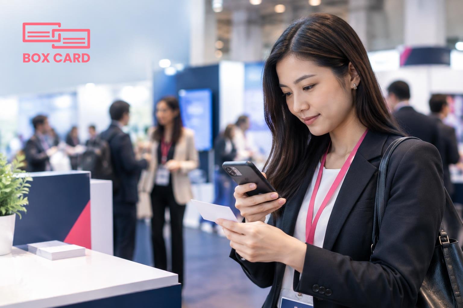 An attendee at a conference scanning a paper business card with a smartphone, nearby exhibition booths and a lanyard visible, editorial photograph